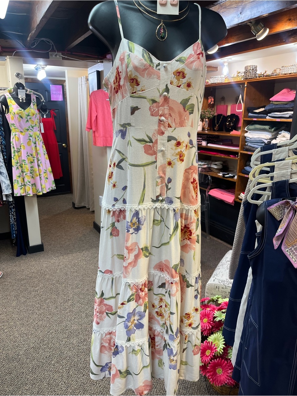 Floral Tiered Spaghetti-Strap Maxi Dress - White with Pink & Purple Flowers